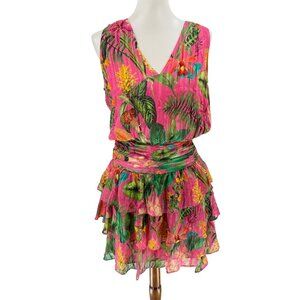 Ramy Brook Pink Tropical Print Ruffled Mini Dress Size 4 Silk Blend MSRP $525